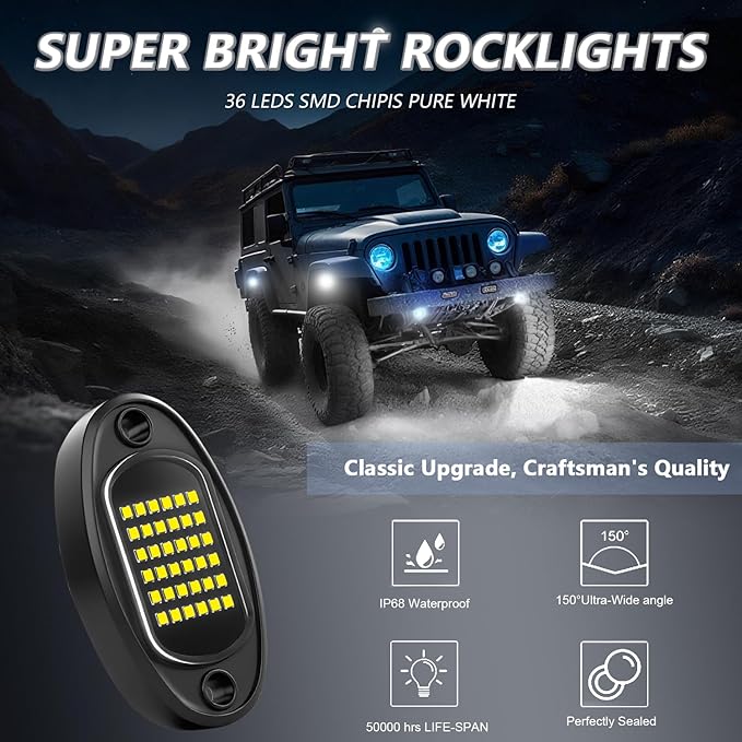 GSRECY Rock Lights Ultra Bright LED Neon Underglow Lights Waterproof for Trucks Pickup SUV UTV ATV RZR Car Boats Motorcycle (White, 4 Pods)