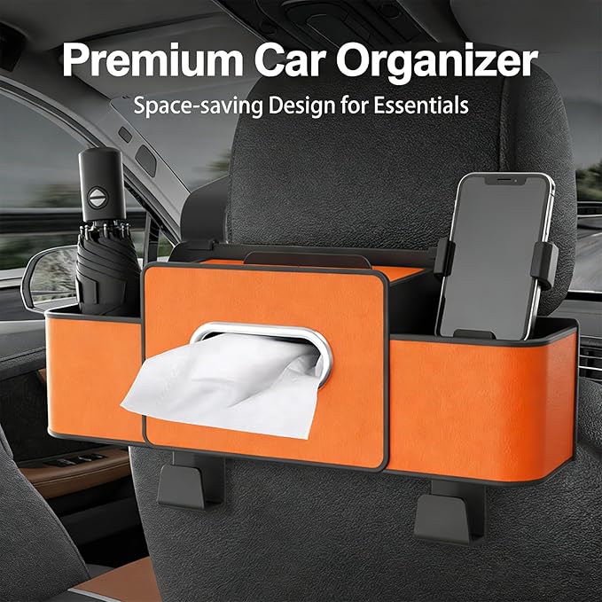 Multifunctional 3‑in‑1 Car Seat Back Storage Box Organizer with Cup Holders, Tissue Box Slot & Headrest Hooks – Backseat Car Organizer for Phones, Snacks, Drinks, Bags, Travel Storage (Black)