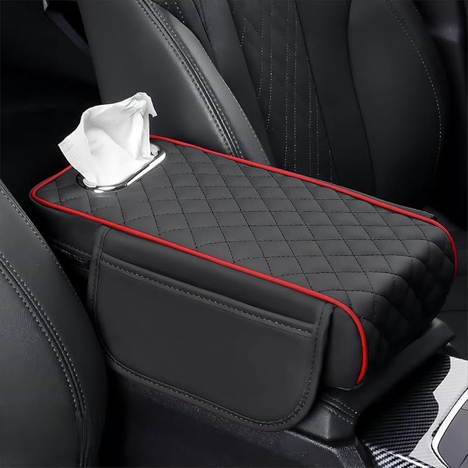 Car Center Console Cover for Toyota Highlander 3.Generation 2013-2020, Leather Car Arm Rest Cover, Car Armrest Cushion with 2 Storage Bags Car Center Console Armrest Pad, C Black+Red