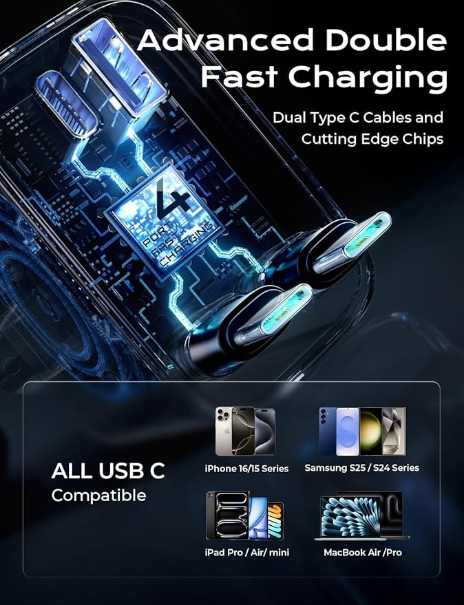 LISEN Retractable Car Charger, Dual USB C Retractable Cable Fast Car Adapter [84W Total] Travel Essential Car Accessories for Men Women, for iPhone 17 16 15 Pro Max, Samsung S26 S25 S24, Pixel, iPad