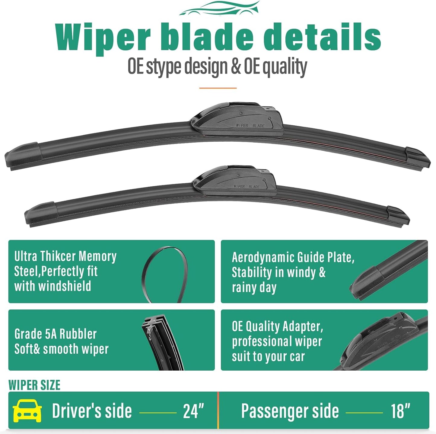 24" 18" 11" Windshield Wiper Blades Replacement for Kia Seltos 2021 2022 2023 2024 Premium All Weather Front Rear Wipers Set - OEM Quality (Pack of 3)