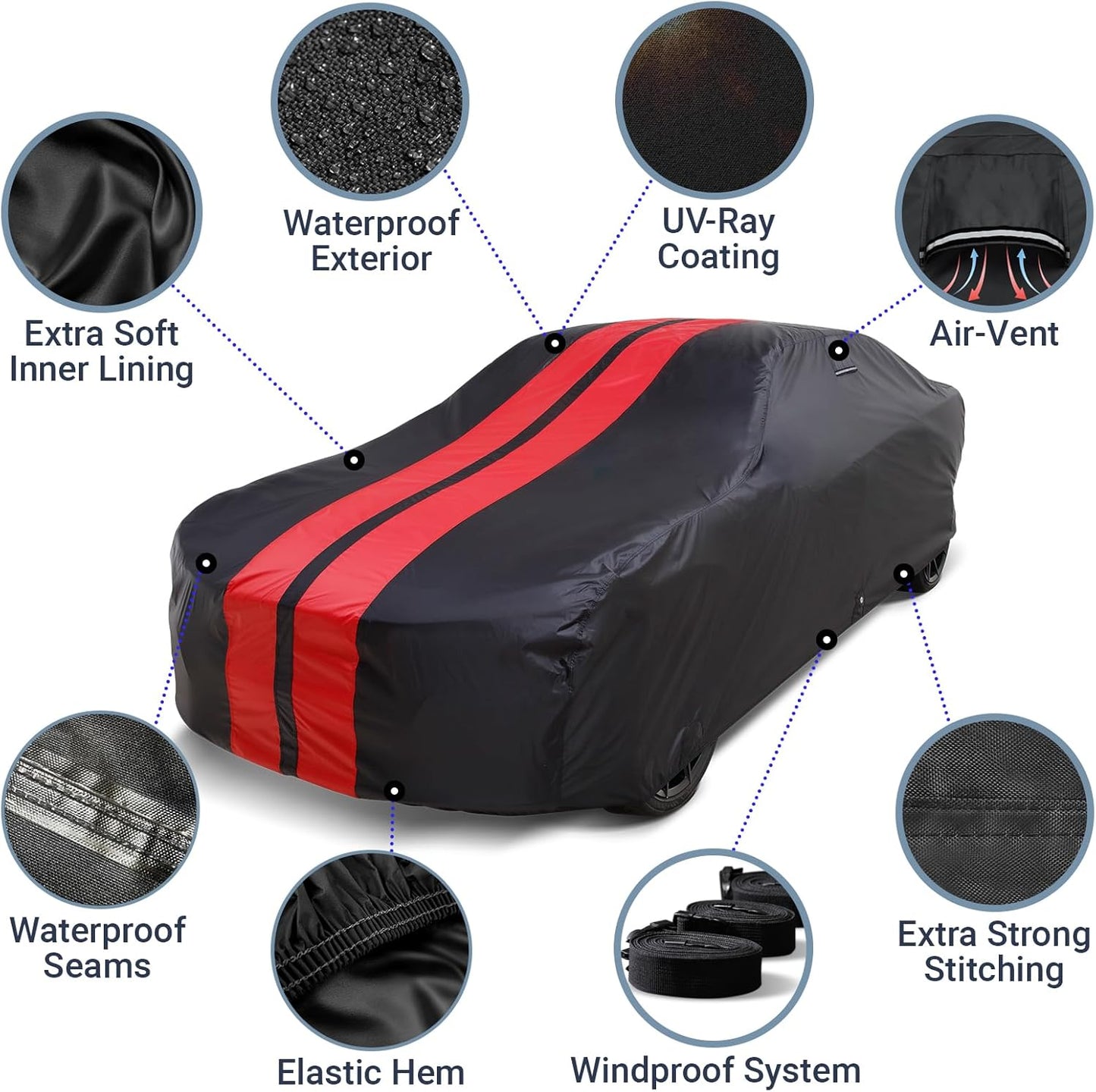 iCarCover Custom Car Cover for Pontiac GTO (1964-1967) Waterproof All-Weather Rain Snow UV Sun Protector Full Exterior Indoor Outdoor Car Cover (Stripe - Black/Red)