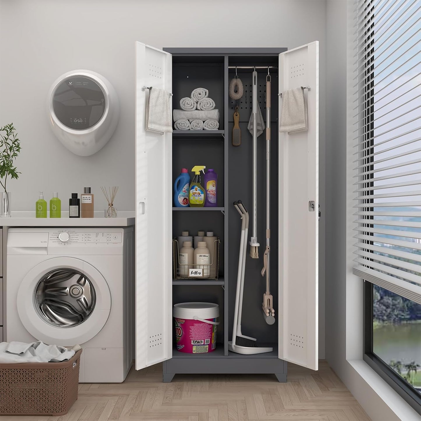 Metal Cabinets with Doors and Adjustable Shelves, 65" H Lockable Storage Cabinet, Grey-White Utility Cabinet for Brooms and Mops for Home,Kitchen,Garage