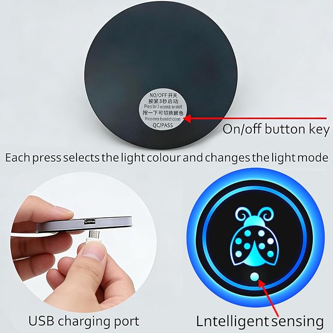 Ladybug LED Cup Holder Lights for Car,2Pcs LED Light Up Cup Holder Coasters with USB Charging 7 Colors 3 Modes,Waterproof Interior Atmosphere Lamp,Car Decor Accessories Ladybug Gifts for Women Men