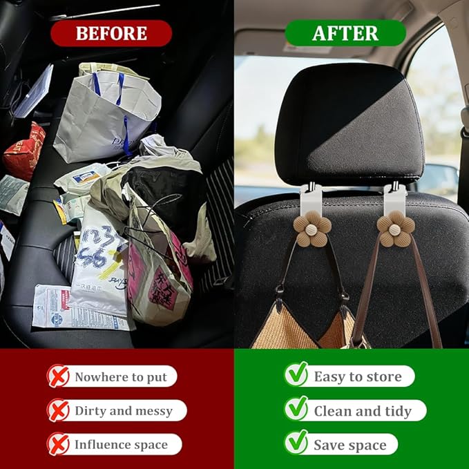4PCS Car Headrest Hooks, Purse Hook for Car, Cute Flower Auto Backseat Organizer Hanger for Purse Grocery Bag Coat, Auto Seat Back Organizer Storage Hanger Holder Fit Vehicles (White/Orange)