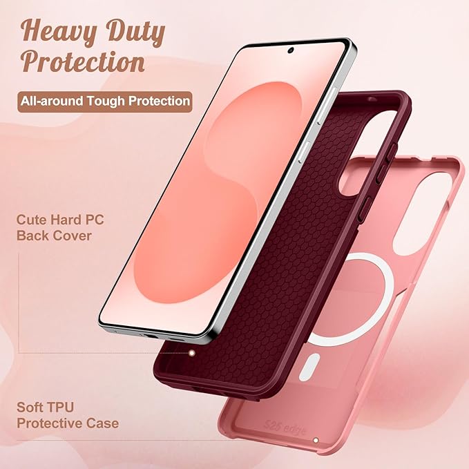 for Samsung Galaxy S25 Edge Case - Compatible with MagSafe Women Girls Cute Magnetic Protective Phone Cover Girly Cat Flowers Floral Heavy Duty Shockproof Design for Samsung S25 Edge Case