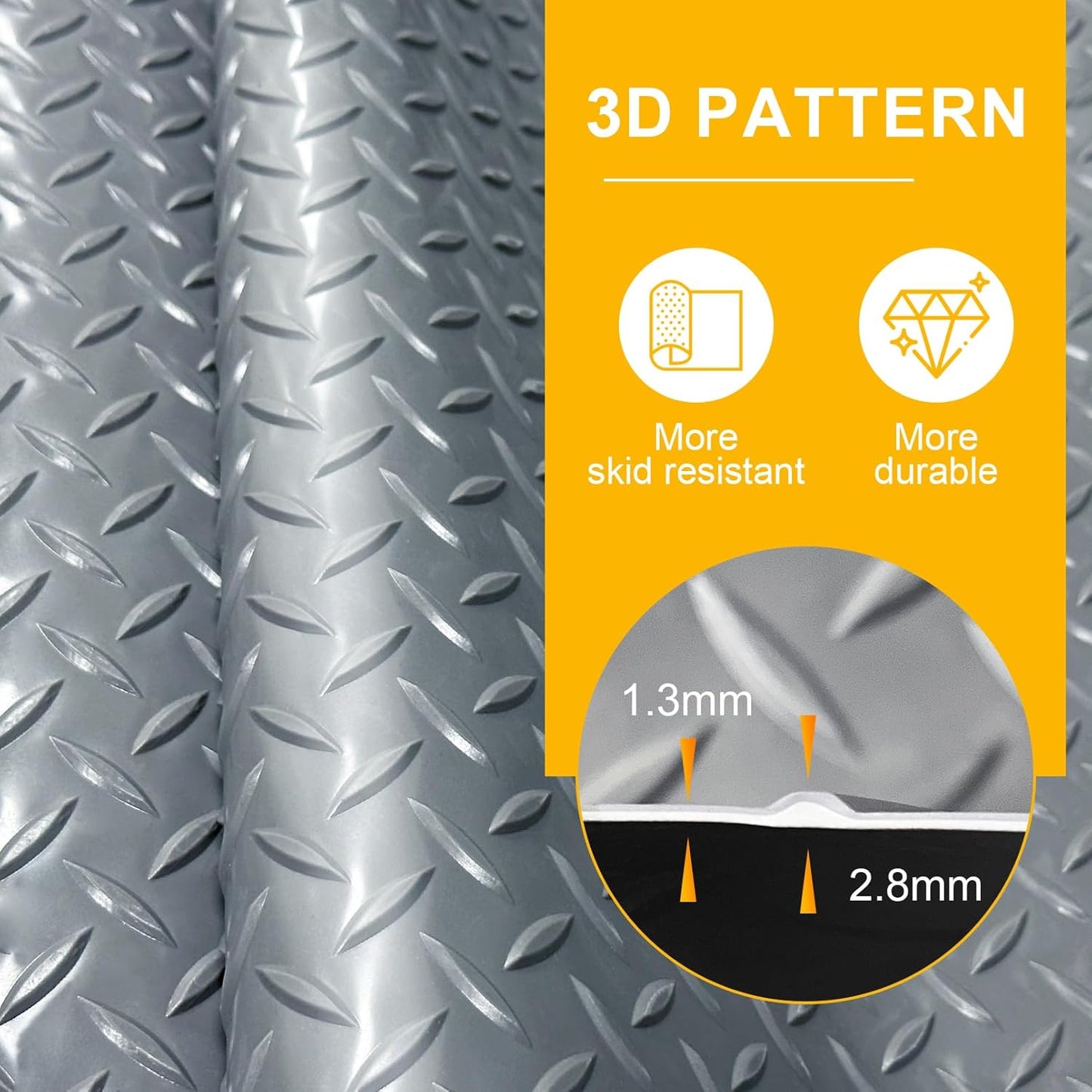4x6 FT Garage Floor Mat, 2 Rolls 2.8mm Thickened Flooring Roll 48 sqft Diamond Plate PVC Rubber Trailer Mat, Non-Slip Floor Mat for Garage, Warehouse, Gyms, Boats, Pickup Truck, Gray