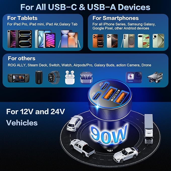 USB C Car Charger, Multi Port 90W Super Fast Charging Cigarette Lighter Adapter, 4-in-1 Dual USB-C & USB-A Car Phone Power Adapter for iPhone 17/16/15/Pro Max, iPad, Samsung Galaxy S25 (Black, 1-Pack)