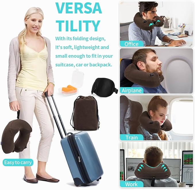 2 Pack Inflatable Travel Neck Pillows for Airplanes, Head Support Velvet Adult Neck Pillows for Long Flight, Kit with Eye Mask, Earplugs and Storage Bag, 2, Brown