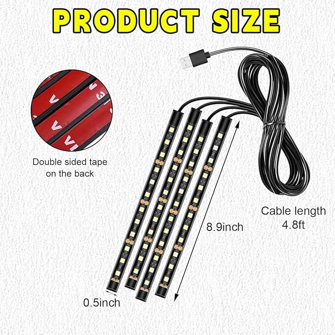 Car LED Strip Light, 48 LEDs RGB Neon Interior Atmosphere Lights, 12V Under Dash Ambient Night Light, USB Port Auto Interior Decorative Lamp, Universal Car Accessories (White)