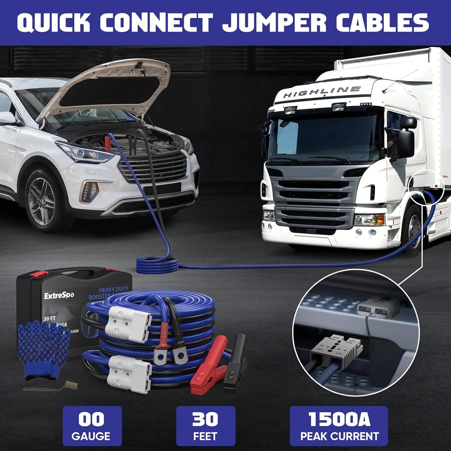2/0 Gauge 30 FT Heavy Duty Jumper Cables, 1500Amp Quick Connect Booster Cables for 12V & 24V Cars, SUVs and Trucks, Kit with Carry Case, Gloves, Brushes