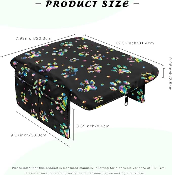 Dreaweet Tie Dye Dog Paw Center Console Cover Thick Car Armrest Cushion with Storage Bag Soft Comfortable Arm Rest for Car Center Console Universal Fit SUV Truck Sedan