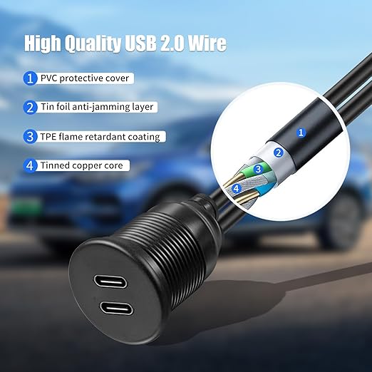 Dual Port USB A 2.0 Male to USB C 2.0 Female Extension Cable,Flush Mount Waterproof Panel Cable for Car,Truck,Boat,Motorcycle Dashboard 3.3ft