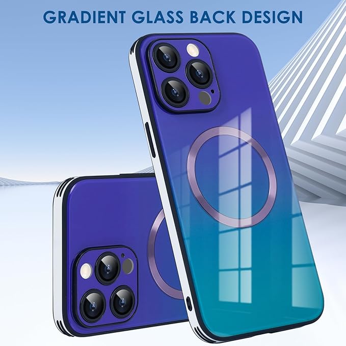 Guppy Compatible with iPhone 15 Pro Max Case Magnetic, with Full Camera Lens Protector [Compatible with MagSafe] Scratch Resistant Gradient Glass Back Cover Phone Case-Purple