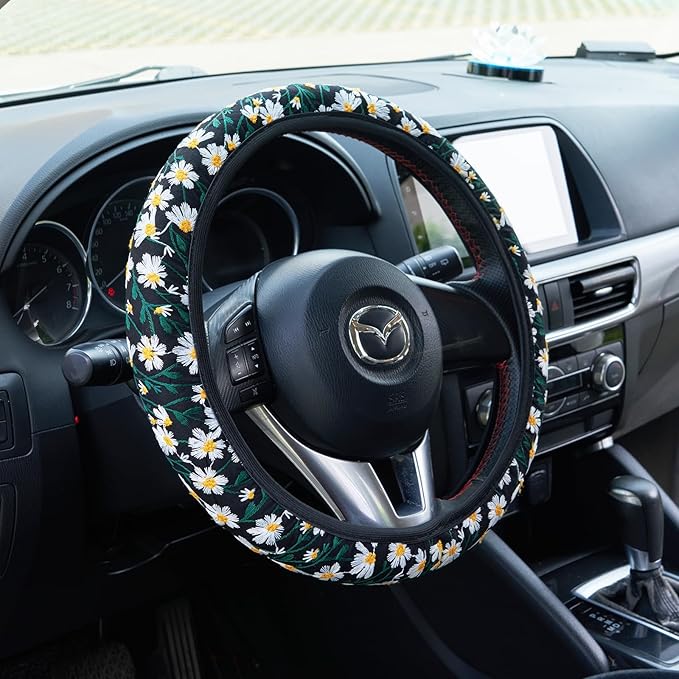 Embroidered Flowers Black Cute Daisy Steering Wheel Cover Auto Anti-Slip Breathable Steering Wheel Protector,Floral Car Accessories for Women,Universal Size Fit Most Cars -15 inch