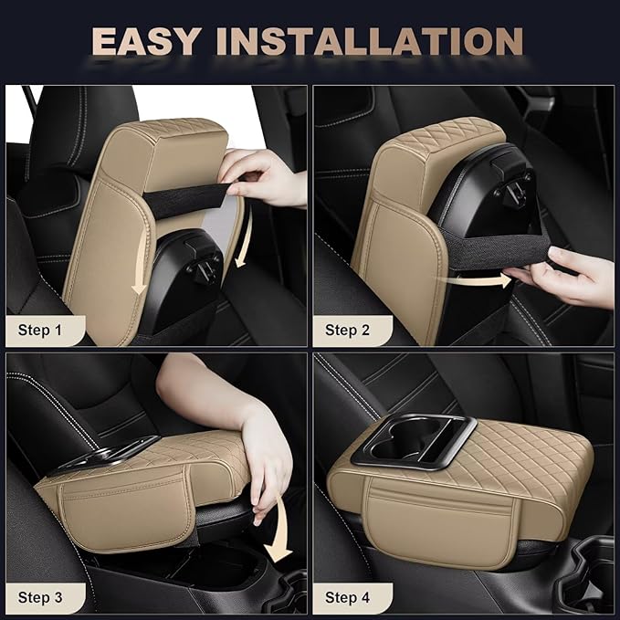 Center Console Cover Fit for Tacoma Faux Leather Car Armrest Cushion with Storage Bags, Cup Holder ＆ Phone Storage Multifunctional Middle Console Cover(Beige)