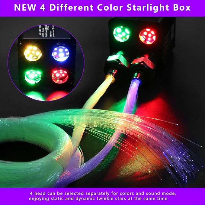 AZIMOM 4Port 36W Twinkle 800pcs 0.03in 9.8ft Fiber Optic Starlight Headliner Kits 4Colors Light Source Sound Activated Remote APP Control Home Indoor Ceiling Car Headliner Decoration