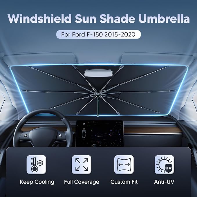 Autorder Windshield Sun Shade Umbrella for 2015-2020 Ford F-150 F150 Accessories,Upgraded Ice Crystal Material,Easy Setup Umbrella Sunshade for Car Windshield,100% Sun Blocking