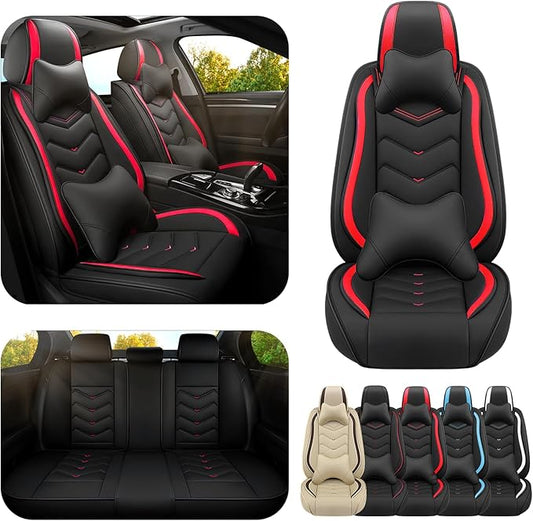 Car Seat Covers for Ford Expedition 2000-2026, Premium Nappa Leather Car Seat Cover, Stylish Sport Seat Covers， Automobile Seat Cover Sets.(Luxury 5 Seats/Black Red)