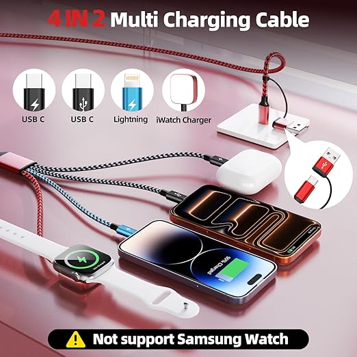 Travel Essentials Dual Type-C Port 4 in 2 Multi Charging Cable for iWatch Charger/iPhone 17/IP, Cruise Vacation Camping Essentials 2026 for iWatch 11-2/Ultra,iPhone 17-8, GalaxyS26-S21,Car -2Pack,5FT