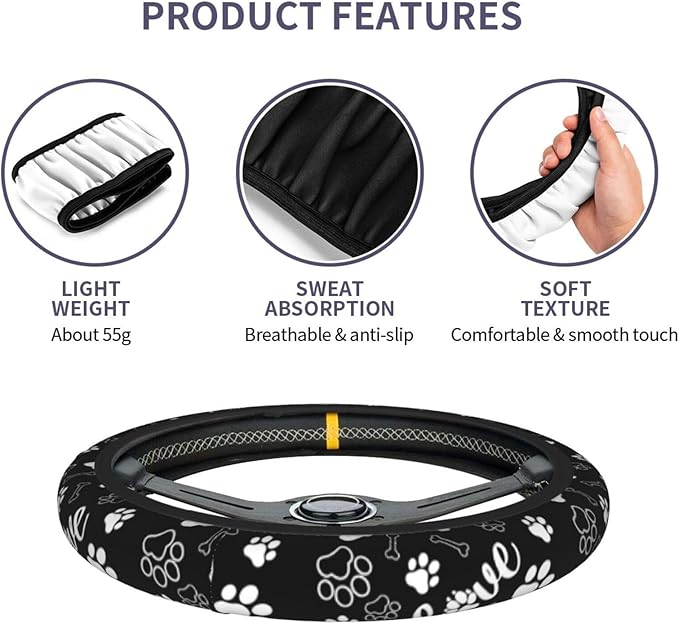 Paw Print Steering Wheel Cover - Dog Paw Print Steering Wheel Cover Dogs Prints Anti-Slip Breathable Universal for 15 Inch Car with 2 Pieces Car Coasters for Men/Women