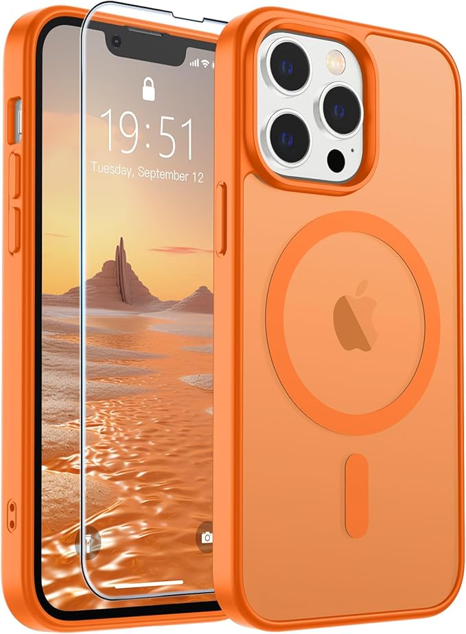 SUPFINE Magnetic for iPhone 13 Pro Case with Screen Protector (Compatible with MagSafe) (Military Grade Drop Protection) Translucent Matte Shockproof Phone Cover,Starry Orange
