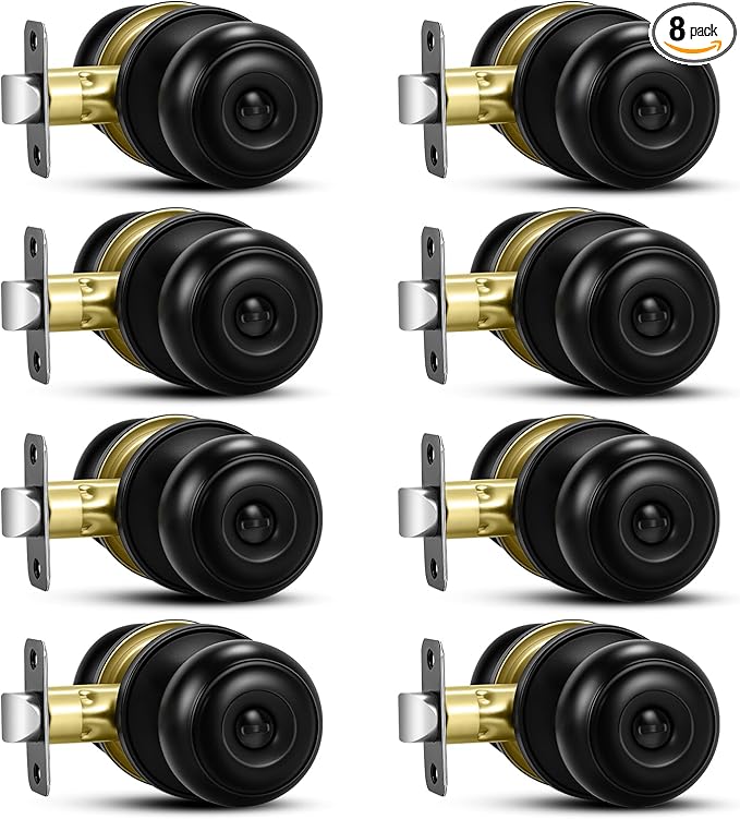 Plustool 8 Pack Matte Black Door Knobs, Privacy Door Knob with Lock, Interior Doorknobs with Round Ball, Keyless Door Lockset for Bedrooms Bathrooms