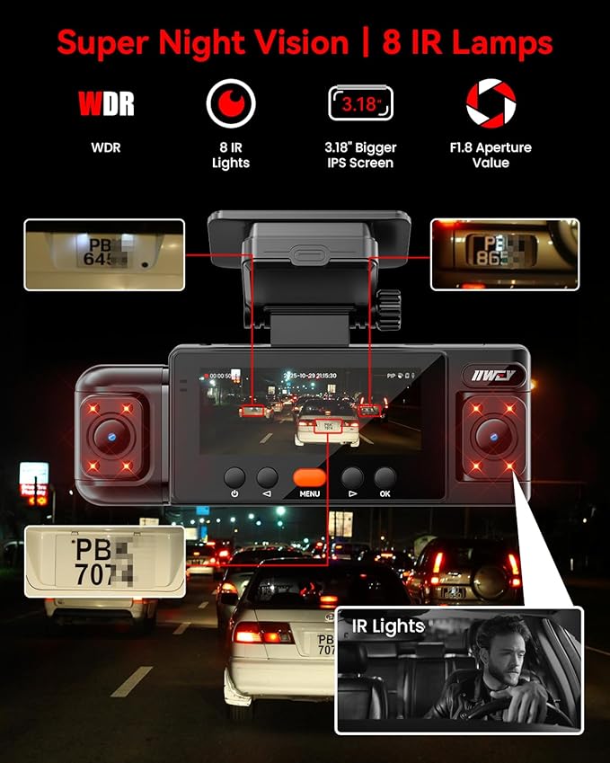 IIWEY N6 360° Dash Cam 4 Channel, 5.8G WiFi-6 (up to 20MB/s) with App, Free 128GB Card, FHD Front & Rear Inside Dash Cam for Car, 8 IR Lights Night Vision, GPS, 24/7 Parking Mode, G-Sensor
