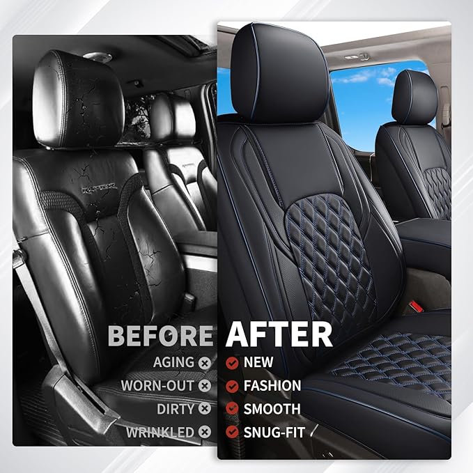 Huidasource Leather Car Seat Covers Fit for Toyota Tacoma 2016-2023 2022 2021 Full Coverage Seat Cover for Double/Crew Cab SR, SR5, Limited, TRD Pro, TRD Sport,TRD Off-Road (Front Pair/Black&Blue)
