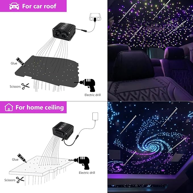 AZIMOM Dual Color 1000pcs 0.03in 13.1ft Twinkle Fiber Optic Starlight Headliner+ Pure White Meteor 240pcs Shooting Star, Sound Mode APP& Remote Control 2 in 1Starlight Meteor Kits Car Home Ceiling