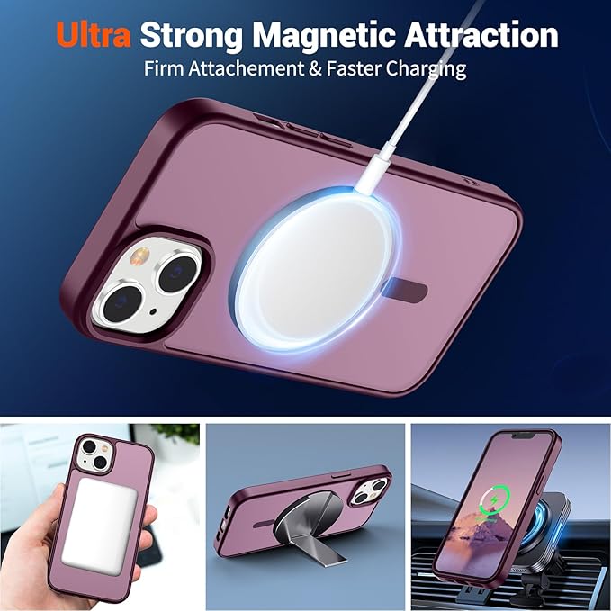 SUPFINE Magnetic for iPhone 15 Plus Case & iPhone 14 Plus Case(Compatible with MagSafe)(Military Grade Drop Protection) Slim Translucent Shockproof Phone Case,Wine Red
