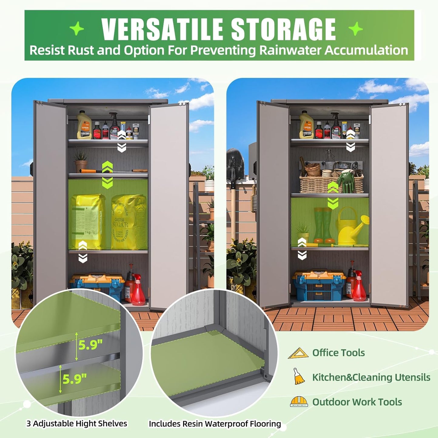 AECOJOY Resin Outdoor Storage Cabinet Waterproof with Adjustable Shelves, Vertical Tall Plastic Storage Shed with Reinforced Floor, All Weather Sheds & Outdoor Storage Clearance with Base for Outside