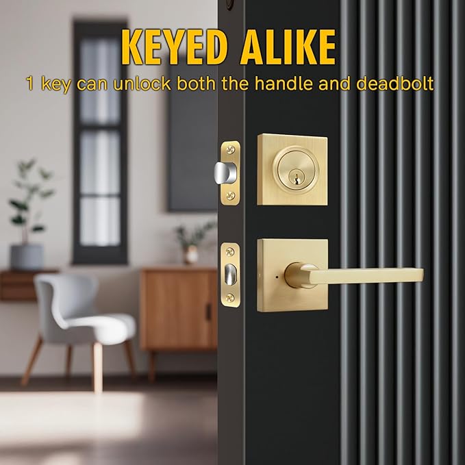 Gold Heavy Duty Privacy Lever Door Handle and Single Cylinder Deadbolt Lock,Exterior Door Lock Set with Deadbolt(3Pack-Set,Satin Brass)