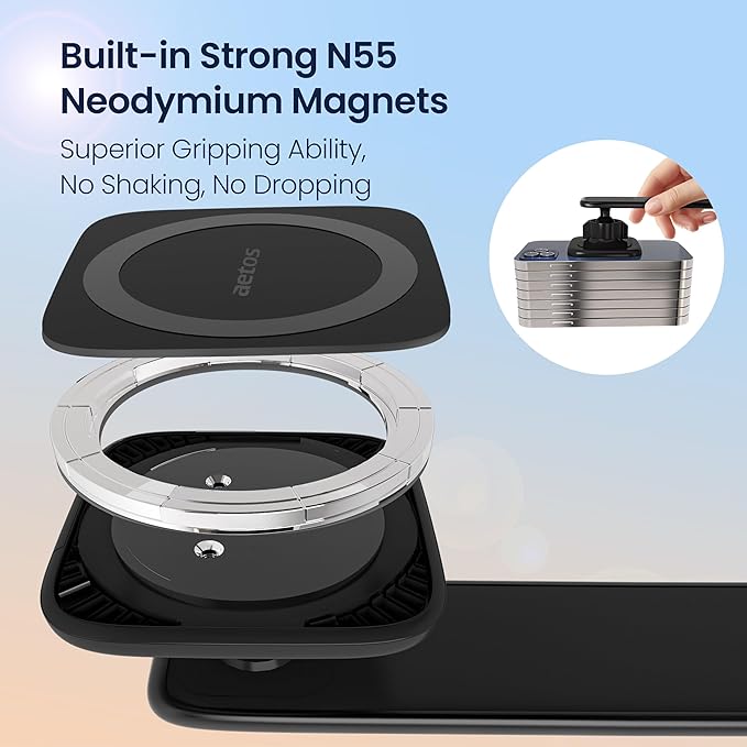 aetos for iPhone MagSafe Car Mount Magnetic Phone Holder with Adhesive Suction Base, Fits iPhone 17/16/15/14 Pro/Plus/Max and Android Phones with Ring Adaptor, Ideal for Dashboard and Windshield