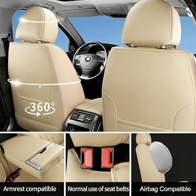 Fit TLX Car Seat Covers for Acura TLX 2014-2025 2026 - Premium Leather, Waterproof, All-Weather, Airbag Compatible, Anti-Slip, Breathable, Easy Install, Seat Protectors, Full Set, Beige