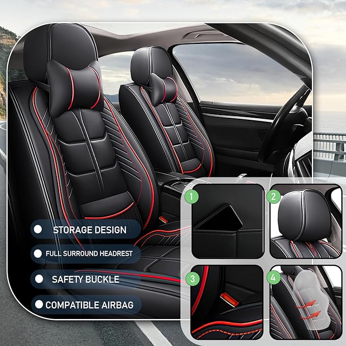 Leather Car Seat Covers Fit for Toyota C-HR CHR 2018-2024, 5 Seater Car Seat Cover, Premium Waterproof, Scratch Resistant Car Interior Accessories (Full Set with Pillow Black Red)