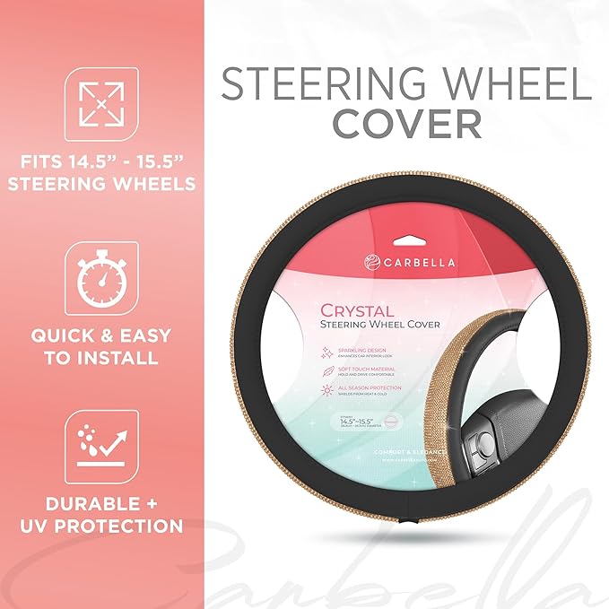 Carbella Leatherette Crystal Bling Steering Wheel Cover for Car SUV, Glitter Sparkle Rhinestone Cute Car Accessories for Women Universal Fit Standard Size (Fits 14.5"-15") - Black w/ Gold Bling