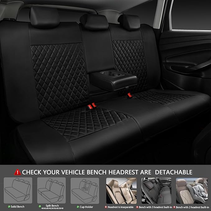 CAR PASS Faux Leather Back Seat Cover, Universal Quilting Waterproof Bench Rear Seat Cover Universal car seat Cover Fit 95% Automotive Interior Covers for Sedans SUVs Vans Small Trucks, All Black