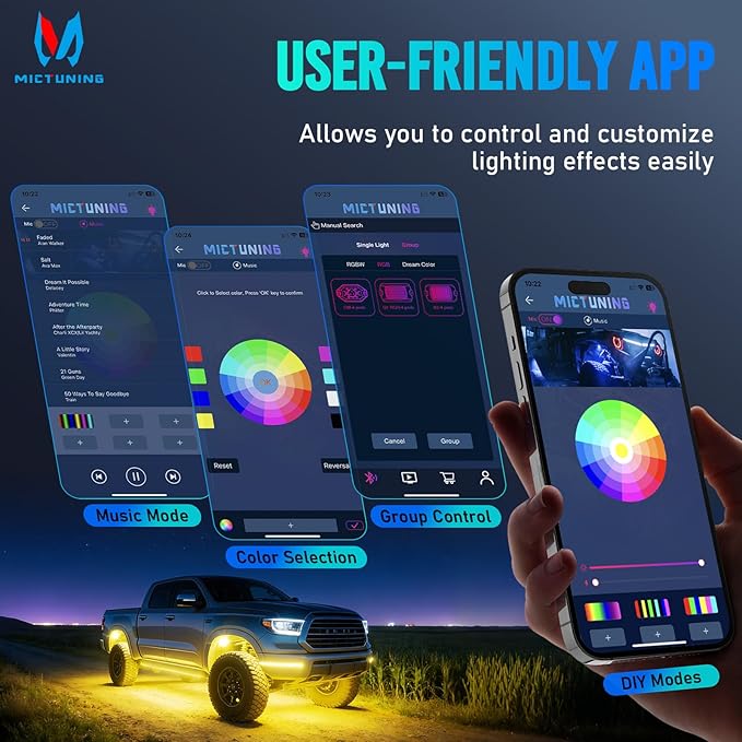 MICTUNING 2nd-Gen CM RGB Rock Lights - 8 Pods Waterproof Multicolor Neon Underglow Kit with Bluetooth App Control & Music Mode for Trucks Pickup UTV SUV ATV（2 Year Warranty）