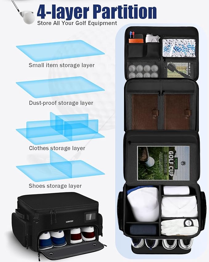 LOINTET Golf Trunk Organizer, Waterproof Car Golf Locker with Separate Ventilated Compartment for 2 Pair Shoes, Golf Storage for Balls, Tees, Cap, Clothes, Gloves, Accessories, Gifts for Men, Women
