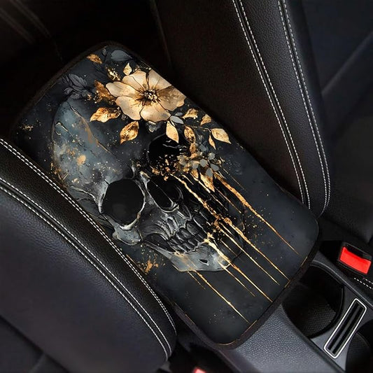 Dreaweet Skull and Flower Center Console Cover for Car Women Universal Rest Cover Pad Spooky Car Accessories Non Slip Anti Scratch Center Console Armrest Cover for SUV Sedan Truck Van