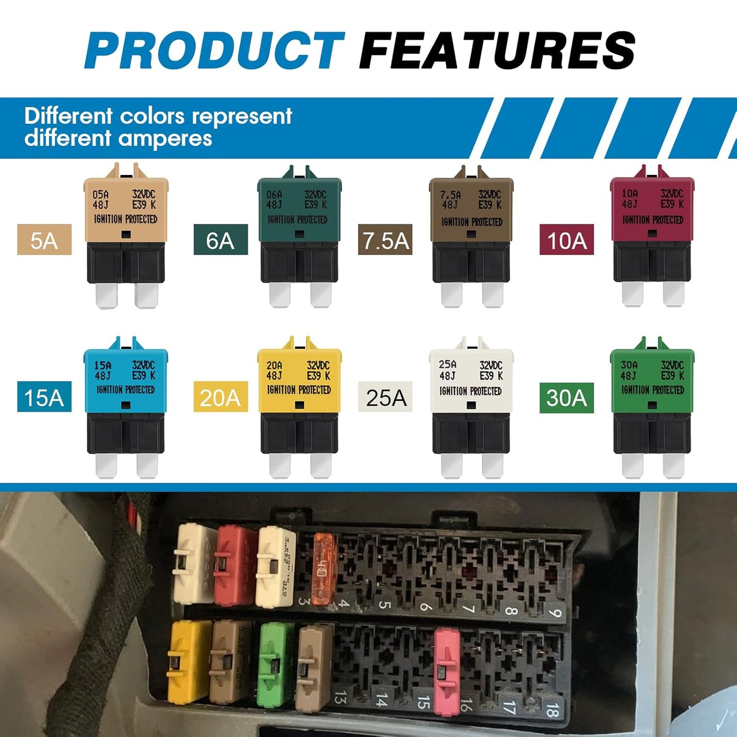 GLOSO Circuit Breakers E39 Manual (T3) Reset Low Profile ATC/ATO (6A - 25 Pack)