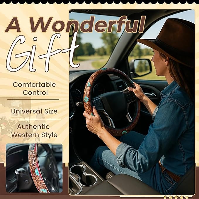 Western Steering Wheel Cover, Color Printed Embossed Hand-Painted Leather Western car Parts, for Women Man, Anti-Slip Design Easy to Install, for Trucks SUVs Cars (Style 1)