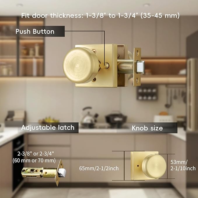Brushed Gold Door Knobs with Square Rosette, Interior Door Handles for Bath & Bed with Push Lock
