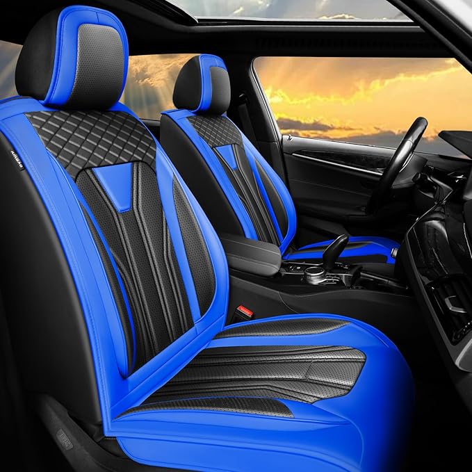 Fit Kona Car Seat Covers for Select Hyundai Kona 2018-2025 2026. Premium Leather, Waterproof， Breathable, Scratch-Resistant & All-Weather Seat Cushion Protector (Full Set, Blue&Black)