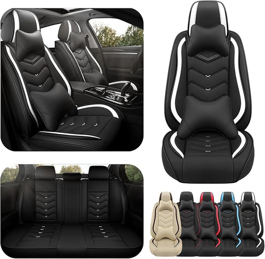 Car Seat Covers for KIA Sedona 2003-2021, Premium Nappa Leather Car Seat Cover, Stylish Sport Seat Covers， Automobile Seat Cover Sets.(Luxury 5 Seats/Black White)