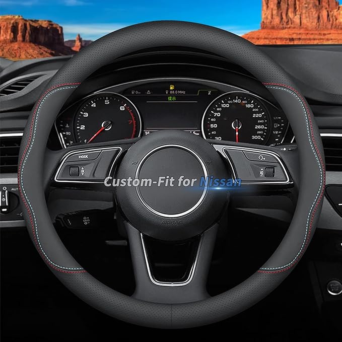 Custom-Fit for Nissan Steering Wheel Cover, Premium Leather Car Steering Wheel Cover with Logo, Non-Slip, Breathable, for Nissan Accessories (A-Style,for Nissan)
