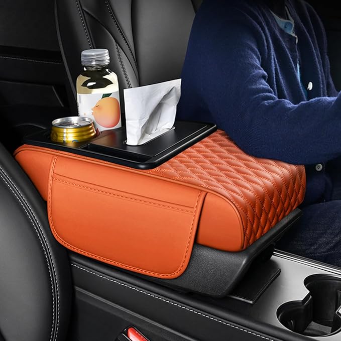 Car Center Console Armrest Pad, Arm Rest Box Cushion with Ergonomic Height Boost, Storage Pockets, Built-in Tissue Box, Cupholder, Fit for Most Sedan Vehicles (Embroidery Water Ripple, Black-Red)
