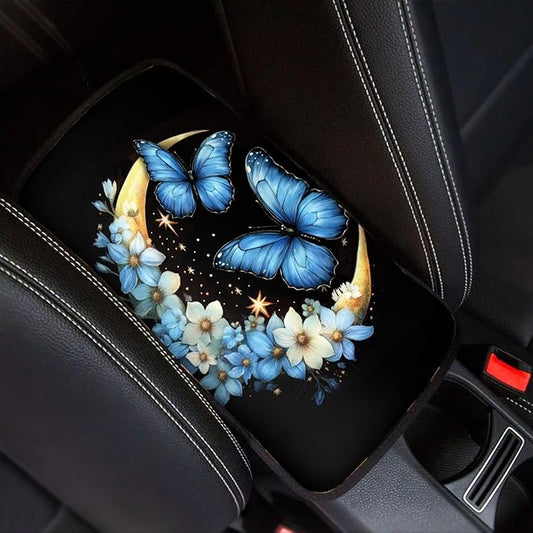UNICEU Blue Flower Butterfly Armrest Cover Pad for Car Interior Set Soft Car Center Console Armrest Cushion Cover for Vehicle SUV Truck Car Butterfly Car Accessory for Women