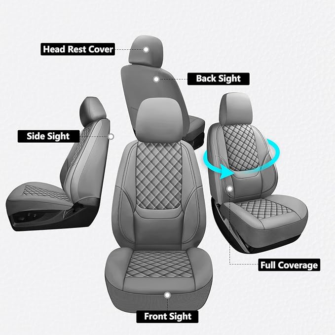 Wrangler Seat Covers 2007-2026 Front Pair, Waterproof Leather Interior Sets with Lumbar Support Custom Fit for Jeep Wrangler JK JL 2/4 Door Unlimited Sahara/Sport/Rubicon X 392 Willys, Gray